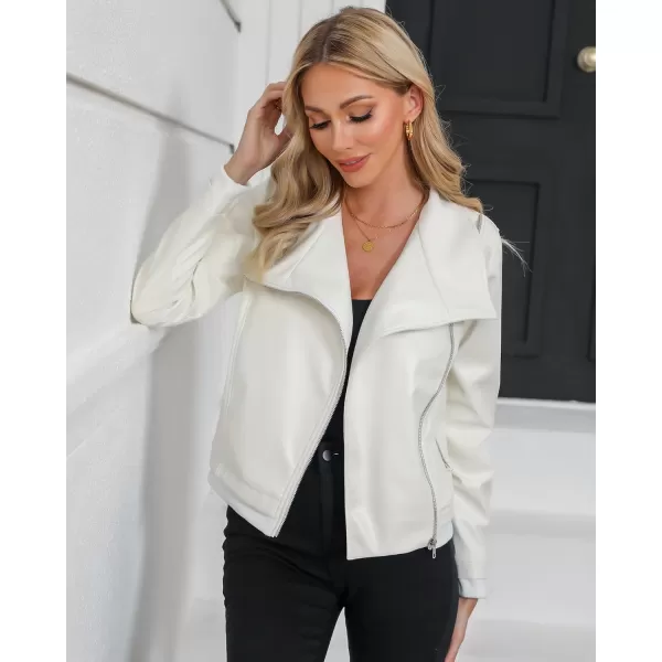 luvamia Faux Leather Jackets for Women Zip Up Lapel Collar Motorcyle Biker Short Jacket PU Leather Blazer Long SleevesBright White