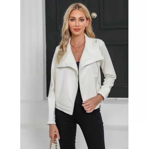 luvamia Faux Leather Jackets for Women Zip Up Lapel Collar Motorcyle Biker Short Jacket PU Leather Blazer Long SleevesBright White