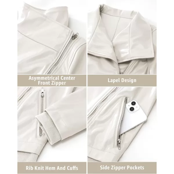 luvamia Faux Leather Jackets for Women Zip Up Lapel Collar Motorcyle Biker Short Jacket PU Leather Blazer Long SleevesBright White