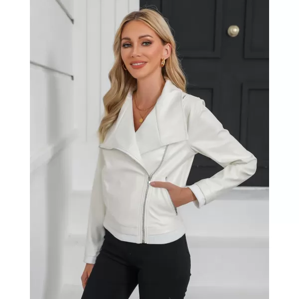 luvamia Faux Leather Jackets for Women Zip Up Lapel Collar Motorcyle Biker Short Jacket PU Leather Blazer Long SleevesBright White