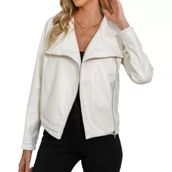 luvamia Faux Leather Jackets for Women Zip Up Lapel Collar Motorcyle Biker Short Jacket PU Leather Blazer Long SleevesBright White