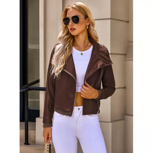 luvamia Faux Leather Jackets for Women Zip Up Lapel Collar Motorcyle Biker Short Jacket PU Leather Blazer Long SleevesCappuccino Brown