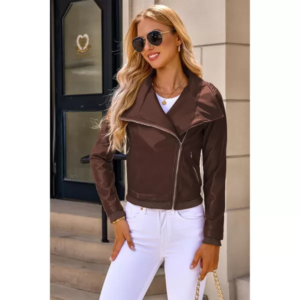 luvamia Faux Leather Jackets for Women Zip Up Lapel Collar Motorcyle Biker Short Jacket PU Leather Blazer Long SleevesCappuccino Brown