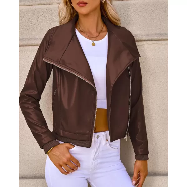 luvamia Faux Leather Jackets for Women Zip Up Lapel Collar Motorcyle Biker Short Jacket PU Leather Blazer Long SleevesCappuccino Brown