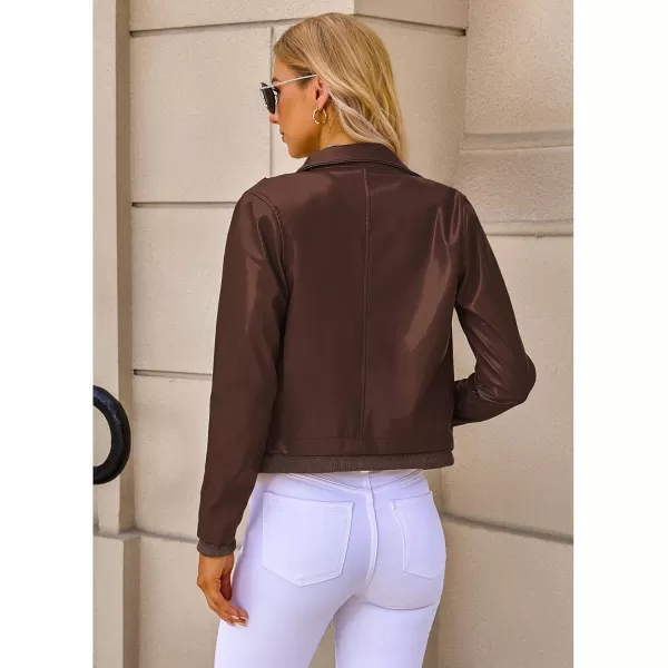 luvamia Faux Leather Jackets for Women Zip Up Lapel Collar Motorcyle Biker Short Jacket PU Leather Blazer Long SleevesCappuccino Brown