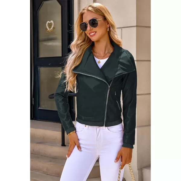 luvamia Faux Leather Jackets for Women Zip Up Lapel Collar Motorcyle Biker Short Jacket PU Leather Blazer Long SleevesDark Green