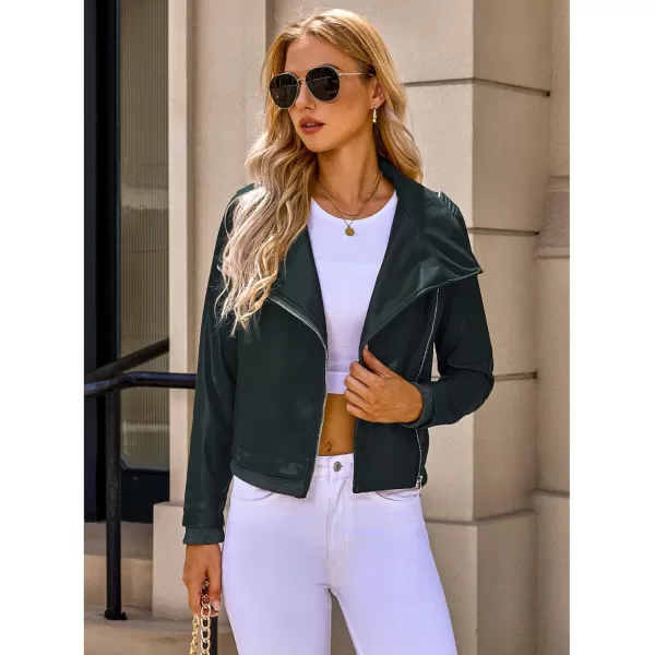 luvamia Faux Leather Jackets for Women Zip Up Lapel Collar Motorcyle Biker Short Jacket PU Leather Blazer Long SleevesDark Green