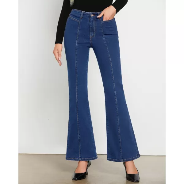 imageluvamia Flare Jeans for Women High Waisted Wide Leg Trendy Seamed Front Stretchy Denim Jean Pants Pockets Trouser JeansDarkness Blue