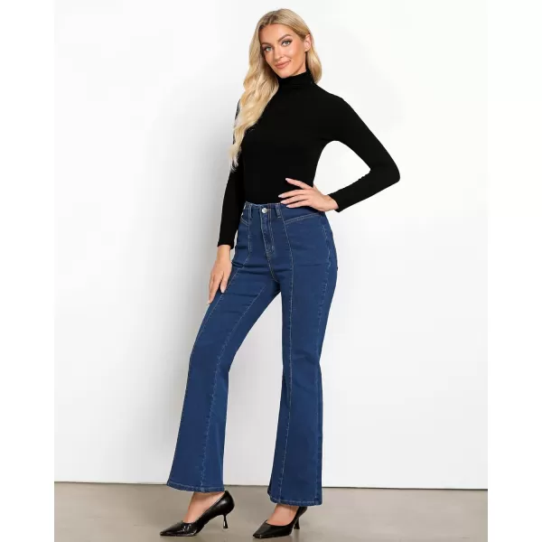 imageluvamia Flare Jeans for Women High Waisted Wide Leg Trendy Seamed Front Stretchy Denim Jean Pants Pockets Trouser JeansDarkness Blue