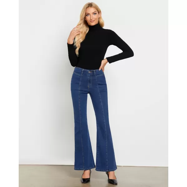 imageluvamia Flare Jeans for Women High Waisted Wide Leg Trendy Seamed Front Stretchy Denim Jean Pants Pockets Trouser JeansDarkness Blue
