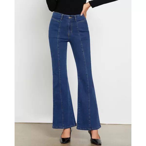 imageluvamia Flare Jeans for Women High Waisted Wide Leg Trendy Seamed Front Stretchy Denim Jean Pants Pockets Trouser JeansDarkness Blue