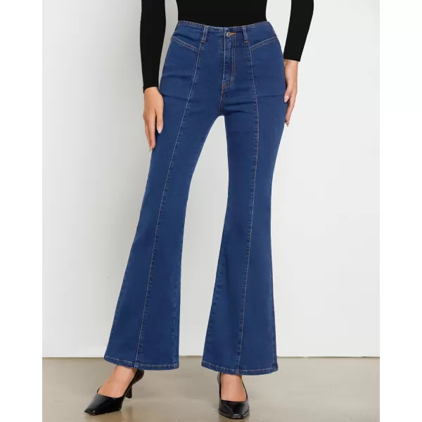 imageluvamia Flare Jeans for Women High Waisted Wide Leg Trendy Seamed Front Stretchy Denim Jean Pants Pockets Trouser JeansDarkness Blue