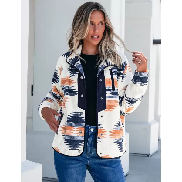 luvamia Fleece Jacket Women Winter Western Aztec Print Fall Button Down Shacket Lightweight Coat with PocketsNavy  Orange