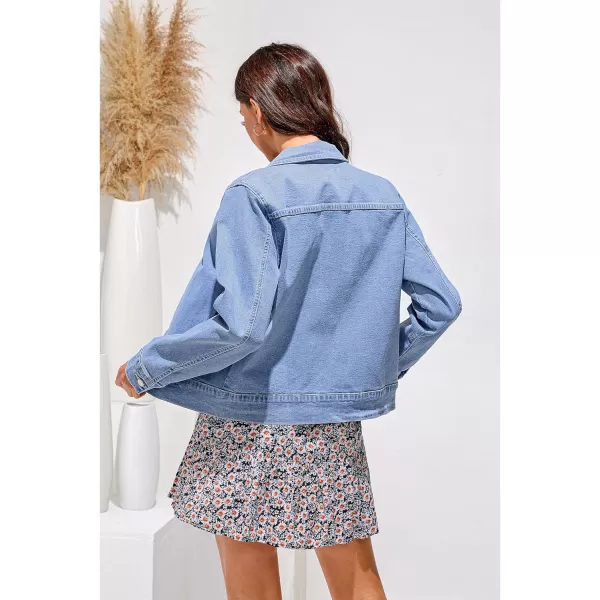 luvamia Jean Jacket Women Fashion Dressy Casual Long Sleeve Stretchy Denim Jackets Western Shacket Jacket with PocketsLakeside Blue