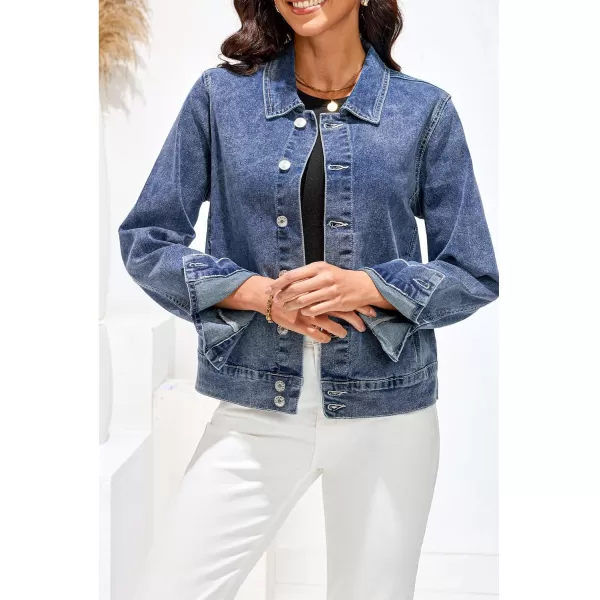 luvamia Jean Jacket Women Fashion Dressy Casual Long Sleeve Stretchy Denim Jackets Western Shacket Jacket with PocketsReef Blue