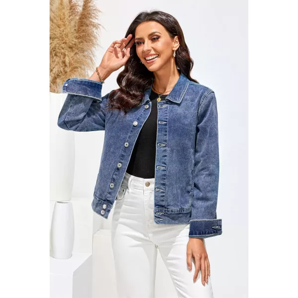 luvamia Jean Jacket Women Fashion Dressy Casual Long Sleeve Stretchy Denim Jackets Western Shacket Jacket with PocketsReef Blue