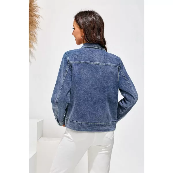 luvamia Jean Jacket Women Fashion Dressy Casual Long Sleeve Stretchy Denim Jackets Western Shacket Jacket with PocketsReef Blue