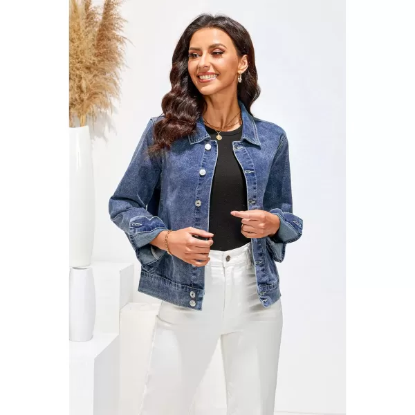 luvamia Jean Jacket Women Fashion Dressy Casual Long Sleeve Stretchy Denim Jackets Western Shacket Jacket with PocketsReef Blue