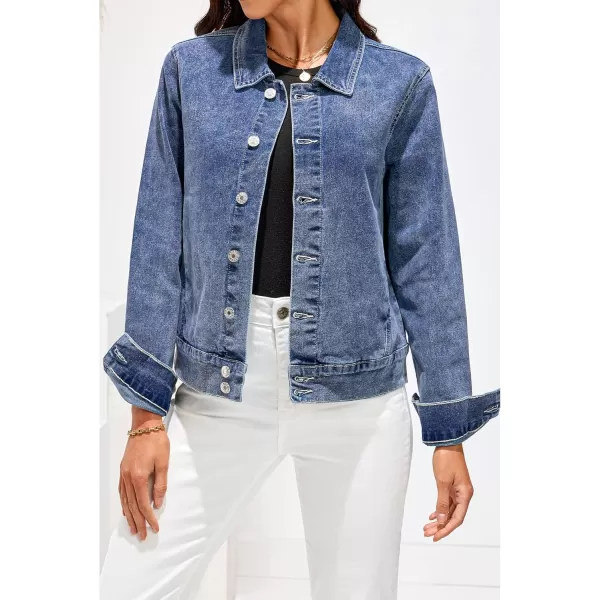 luvamia Jean Jacket Women Fashion Dressy Casual Long Sleeve Stretchy Denim Jackets Western Shacket Jacket with PocketsReef Blue