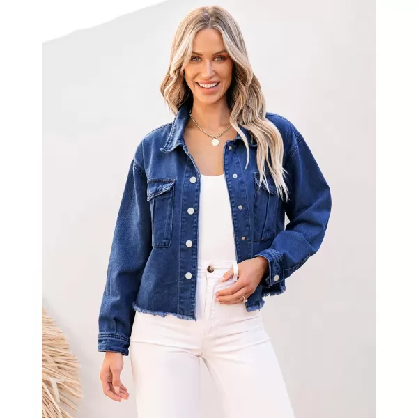 luvamia Jean Jacket Women Trendy Oversized Denim Jacket Raw Hem Long Sleeves Fashion Casual Jackets Shacket with PocketsClassic Blue