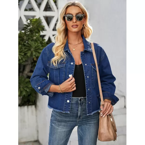 luvamia Jean Jacket Women Trendy Oversized Denim Jacket Raw Hem Long Sleeves Fashion Casual Jackets Shacket with PocketsClassic Blue