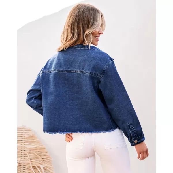 luvamia Jean Jacket Women Trendy Oversized Denim Jacket Raw Hem Long Sleeves Fashion Casual Jackets Shacket with PocketsClassic Blue