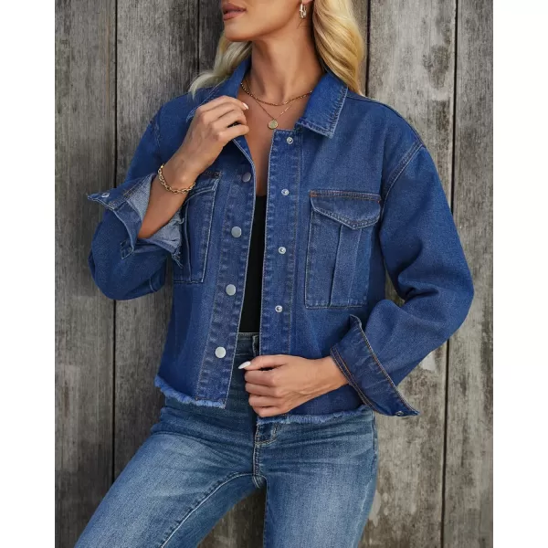 luvamia Jean Jacket Women Trendy Oversized Denim Jacket Raw Hem Long Sleeves Fashion Casual Jackets Shacket with PocketsClassic Blue