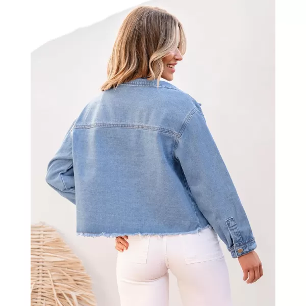 luvamia Jean Jacket Women Trendy Oversized Denim Jacket Raw Hem Long Sleeves Fashion Casual Jackets Shacket with PocketsDaylight Blue