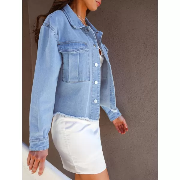 luvamia Jean Jacket Women Trendy Oversized Denim Jacket Raw Hem Long Sleeves Fashion Casual Jackets Shacket with PocketsDaylight Blue