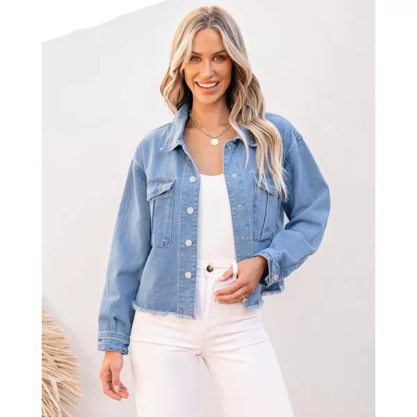 luvamia Jean Jacket Women Trendy Oversized Denim Jacket Raw Hem Long Sleeves Fashion Casual Jackets Shacket with PocketsDaylight Blue