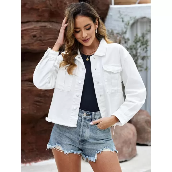 luvamia Jean Jacket Women Trendy Oversized Denim Jacket Raw Hem Long Sleeves Fashion Casual Jackets Shacket with PocketsIvory White