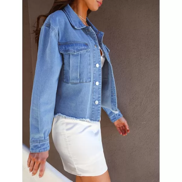 luvamia Jean Jacket Women Trendy Oversized Denim Jacket Raw Hem Long Sleeves Fashion Casual Jackets Shacket with PocketsMedium Blue