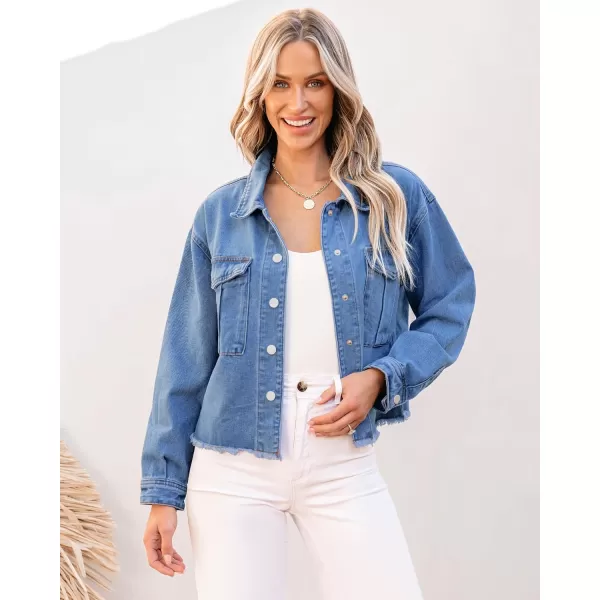 luvamia Jean Jacket Women Trendy Oversized Denim Jacket Raw Hem Long Sleeves Fashion Casual Jackets Shacket with PocketsMedium Blue