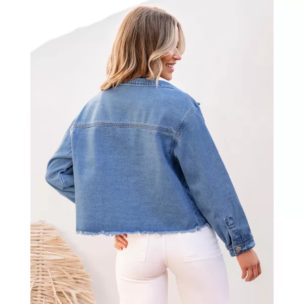 luvamia Jean Jacket Women Trendy Oversized Denim Jacket Raw Hem Long Sleeves Fashion Casual Jackets Shacket with PocketsMedium Blue