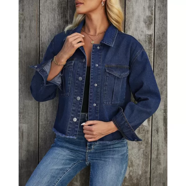 luvamia Jean Jacket Women Trendy Oversized Denim Jacket Raw Hem Long Sleeves Fashion Casual Jackets Shacket with PocketsNightfall Blue