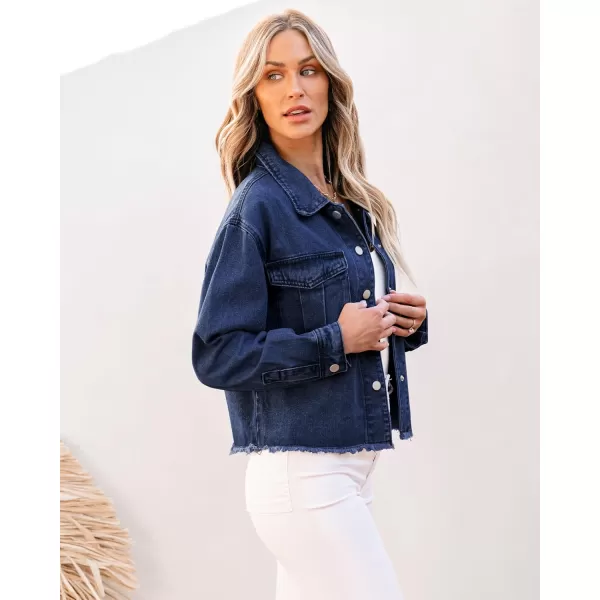 luvamia Jean Jacket Women Trendy Oversized Denim Jacket Raw Hem Long Sleeves Fashion Casual Jackets Shacket with PocketsNightfall Blue