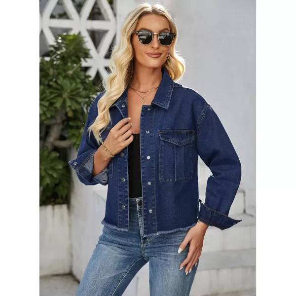 luvamia Jean Jacket Women Trendy Oversized Denim Jacket Raw Hem Long Sleeves Fashion Casual Jackets Shacket with PocketsNightfall Blue