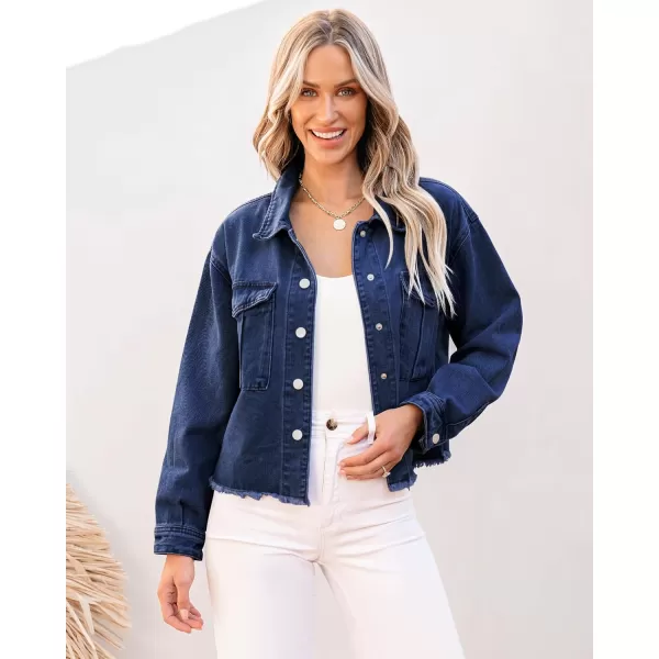 luvamia Jean Jacket Women Trendy Oversized Denim Jacket Raw Hem Long Sleeves Fashion Casual Jackets Shacket with PocketsNightfall Blue