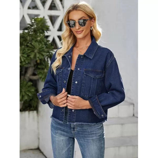 luvamia Jean Jacket Women Trendy Oversized Denim Jacket Raw Hem Long Sleeves Fashion Casual Jackets Shacket with PocketsNightfall Blue