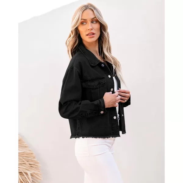 luvamia Jean Jacket Women Trendy Oversized Denim Jacket Raw Hem Long Sleeves Fashion Casual Jackets Shacket with PocketsWashed Black