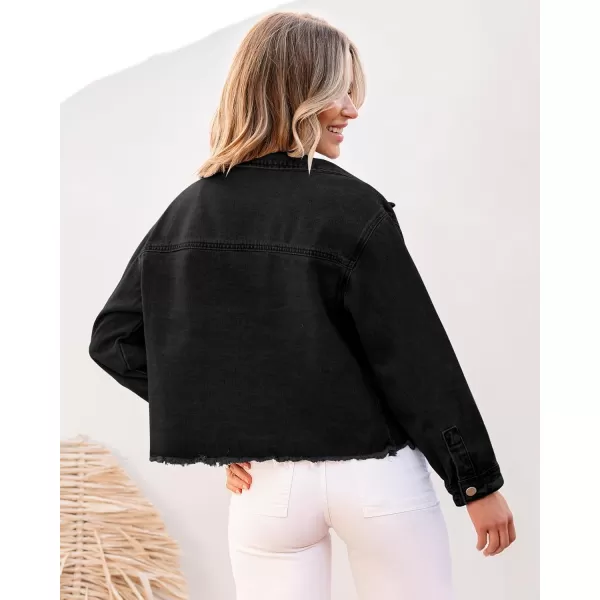 luvamia Jean Jacket Women Trendy Oversized Denim Jacket Raw Hem Long Sleeves Fashion Casual Jackets Shacket with PocketsWashed Black