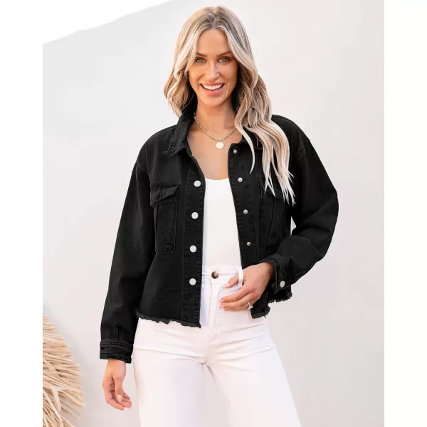 luvamia Jean Jacket Women Trendy Oversized Denim Jacket Raw Hem Long Sleeves Fashion Casual Jackets Shacket with PocketsWashed Black