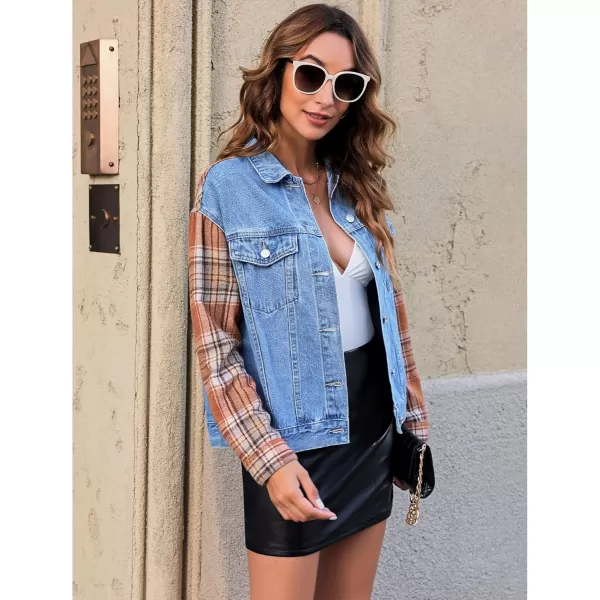 luvamia Jean Jackets for Women Fashion Flannel Plaid Shacket Jacket Oversized Button Down Trucker Denim Shirt JacketsClassic Blue  Orange Plaid