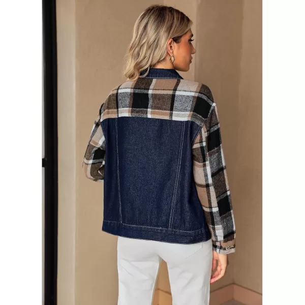 luvamia Jean Jackets for Women Fashion Flannel Plaid Shacket Jacket Oversized Button Down Trucker Denim Shirt JacketsDark Blue  Brown Plaid