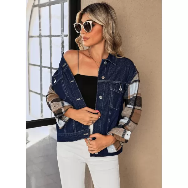 luvamia Jean Jackets for Women Fashion Flannel Plaid Shacket Jacket Oversized Button Down Trucker Denim Shirt JacketsDark Blue  Brown Plaid