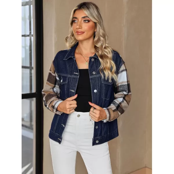 luvamia Jean Jackets for Women Fashion Flannel Plaid Shacket Jacket Oversized Button Down Trucker Denim Shirt JacketsDark Blue  Brown Plaid