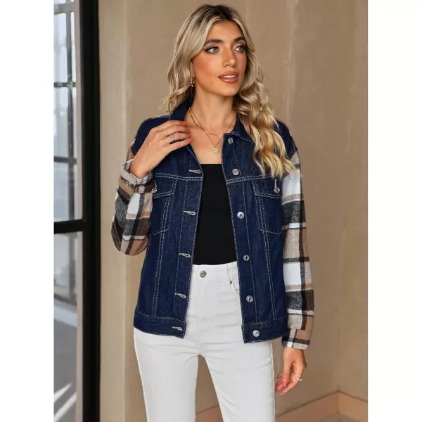 luvamia Jean Jackets for Women Fashion Flannel Plaid Shacket Jacket Oversized Button Down Trucker Denim Shirt JacketsDark Blue  Brown Plaid