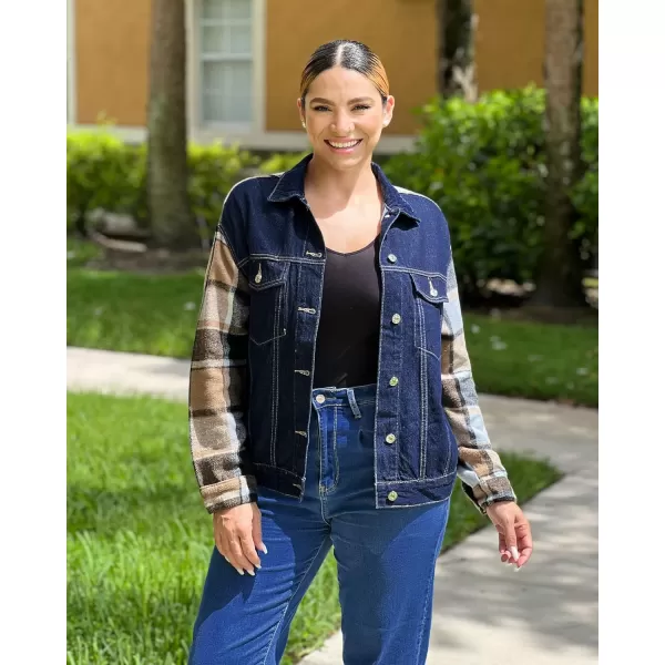 luvamia Jean Jackets for Women Fashion Flannel Plaid Shacket Jacket Oversized Button Down Trucker Denim Shirt JacketsDark Blue  Brown Plaid