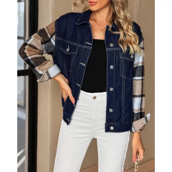 luvamia Jean Jackets for Women Fashion Flannel Plaid Shacket Jacket Oversized Button Down Trucker Denim Shirt JacketsDark Blue  Brown Plaid