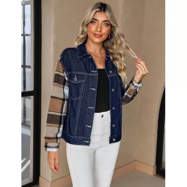 luvamia Jean Jackets for Women Fashion Flannel Plaid Shacket Jacket Oversized Button Down Trucker Denim Shirt JacketsDark Blue  Brown Plaid